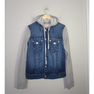 True Religion Womens L (M) Section Trucker Hooded Denim Fleece Snap Jacket